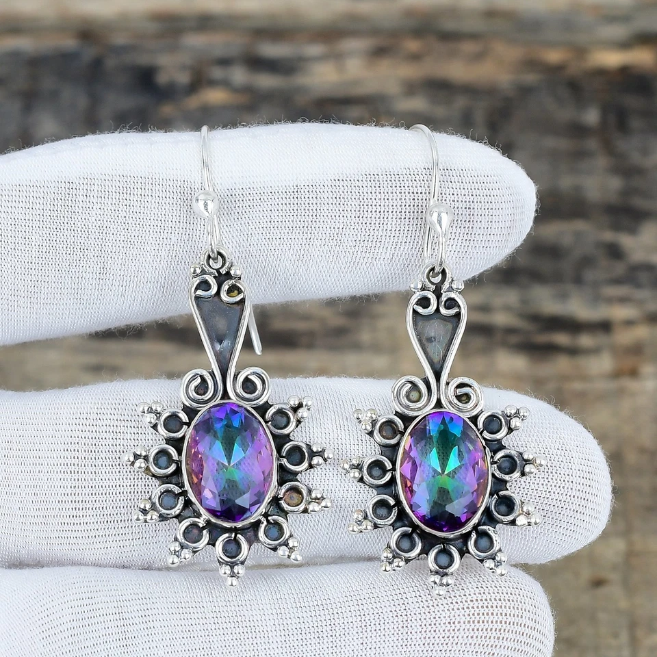 Orecchini In Argento Sterling 925 Con Gemma Topazio Mistico Arcobaleno Per Festa - Immagine 2 di 4