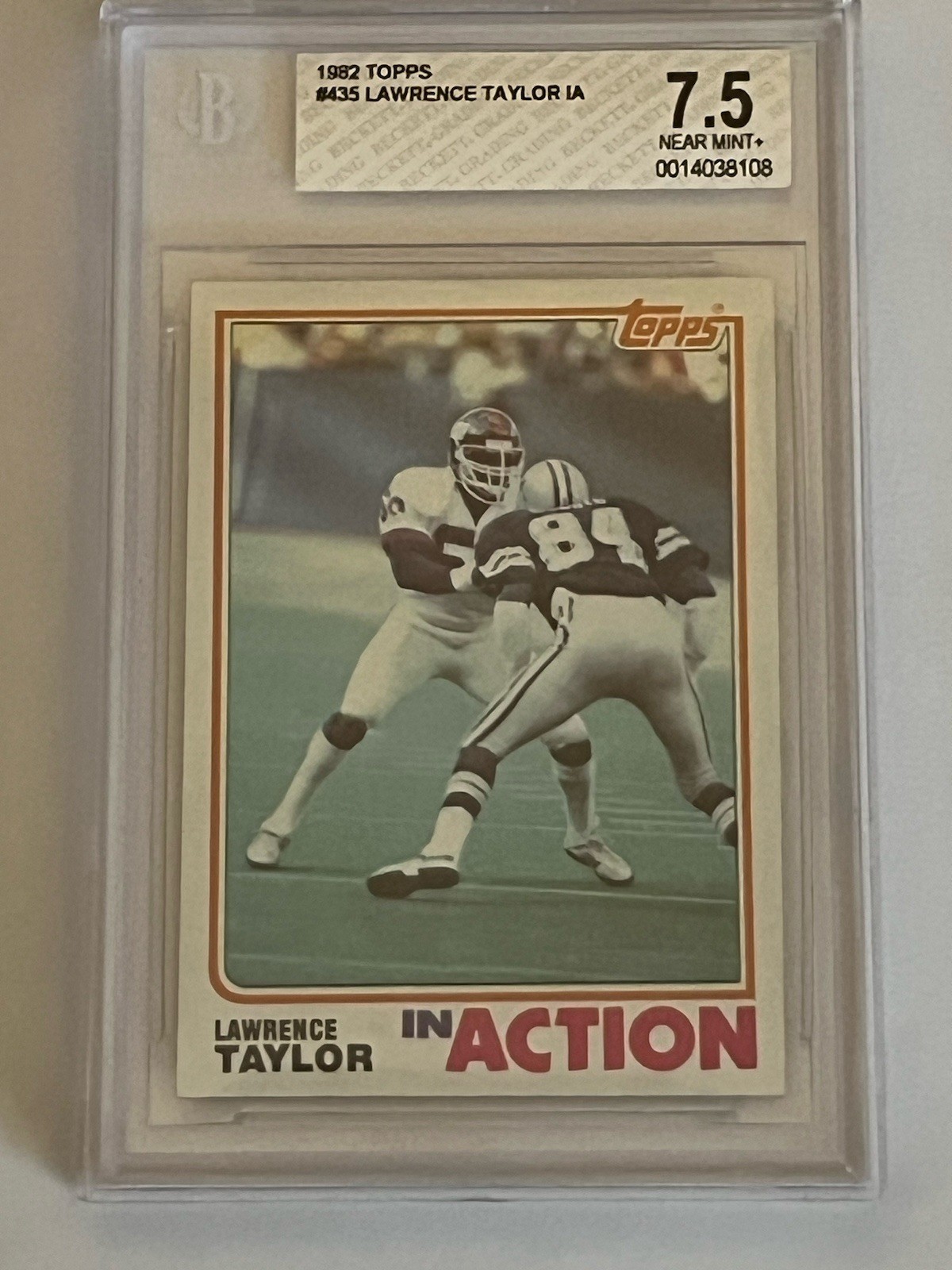 1982 Topps Lawrence Taylor In Action Card #435. BGS 7.5 NM+