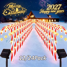 12/24Pack Solar Christmas Candy Cane Lights Solar Pathway Lights Xmas Decoration