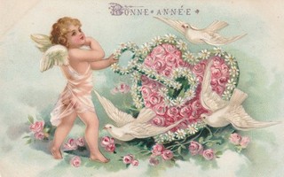 cpa gaufrée BONNE ANNEE ange angelot coeur fleuru clé colombes