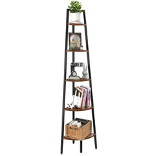 Corner Shelf, 5-Tier Corner Bookshelf with Metal Frame & Wood Ladder Shelves ...
