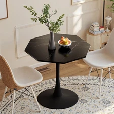 31" Tulip Coffee Table Octagonal Dining Table w/ Marble Textured Top&Metal Base