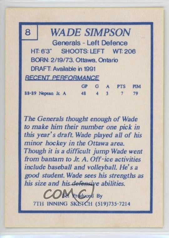 1989-90 7th Inning Sketch Oshawa Generals Wade Simpson #8 - Image 2 of 2