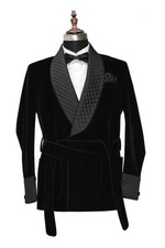 Men Velvet Black Smoking Jacket,Coat, Quilted Lapel,Cuffs Including Belt