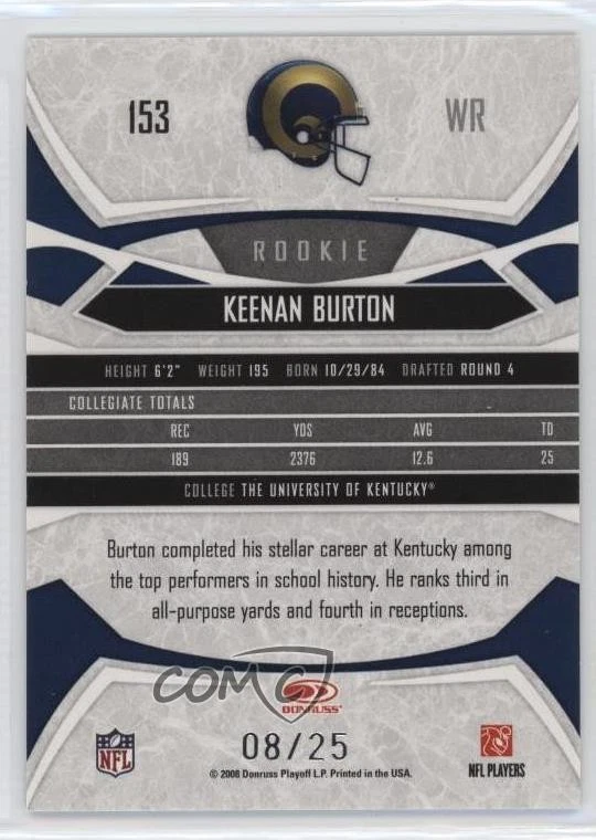2008 Donruss Gridiron Gear Rookie Platinum X's /25 Keenan Burton #153 Rookie RC - Image 2 of 2