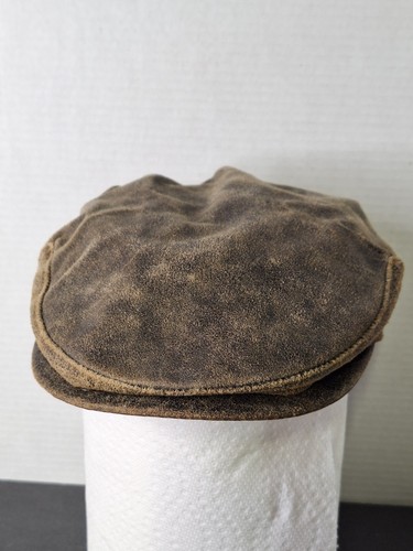 Vintage Distressed Leather Newsboy Cap Size Small BRONER Made In The USA - Picture 1 of 8