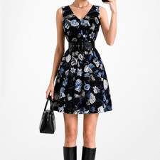 Vintage Y2K Blue Black V-Neck Floral Tank Knee Length Flared Shift Dress Size M