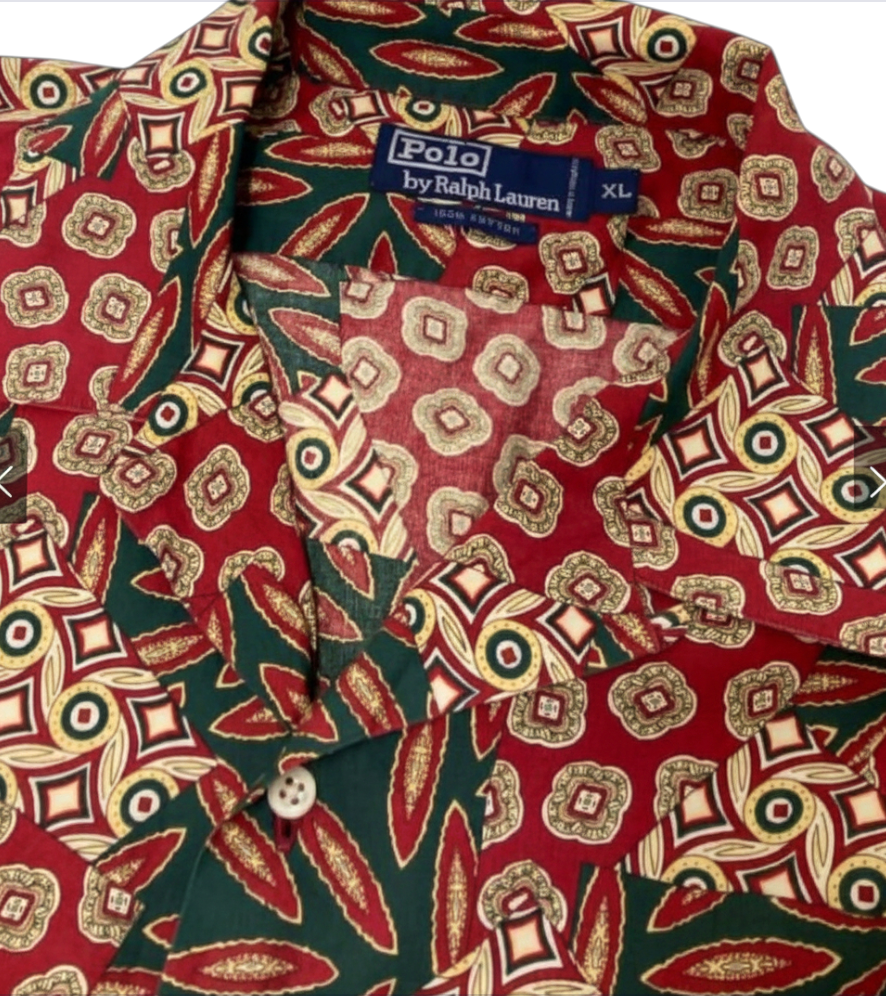 VTG Polo Ralph Lauren BANDANA PATCHWORK PRINT Camp Button-Up Shirt GREEN/RED XL