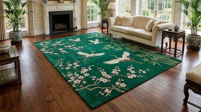 Japanese Bird Rug White Crane Heron Pink Sakura Blossom Jade Green Large  Rug