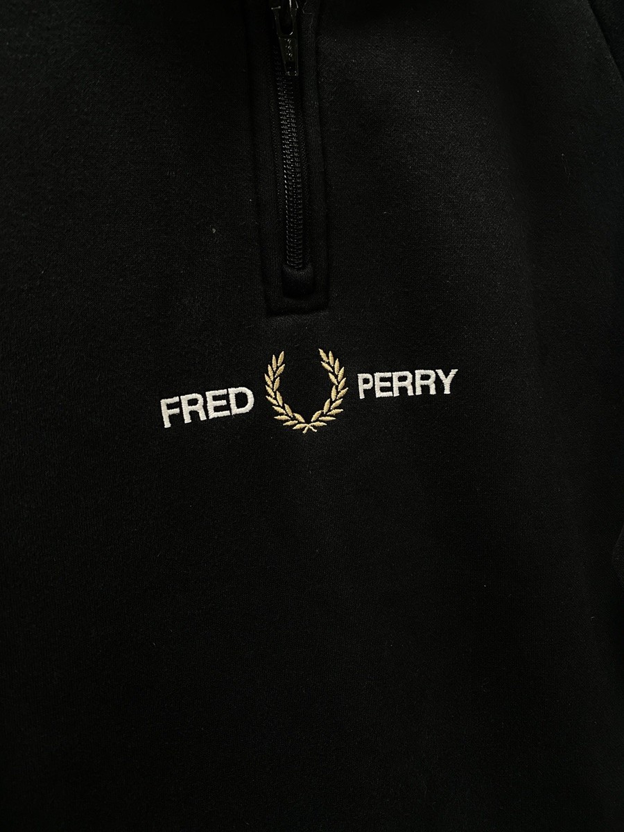 Fred Perry Jumper Mens Black 1/4 Zip Sweatshirt Size Large *FLAW