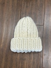 Childrens Rib Knit Fisherman White Wool Blend Chunky Handmade Beanie 9  NEW