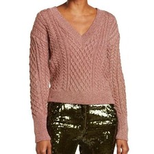 Veronica Beard Amalia Rose Gold Pink Cable Knit V-Neck Pullover Sweater M New