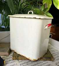 Vintage French Bread Bin Rusty Cream Red Large Enamel Metal Farmhouse Cottage
