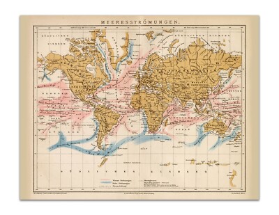 Vintage Map SHOWING OCEAN CURRENTS Poster 1882 Encyclopedia 17x22'' German Print