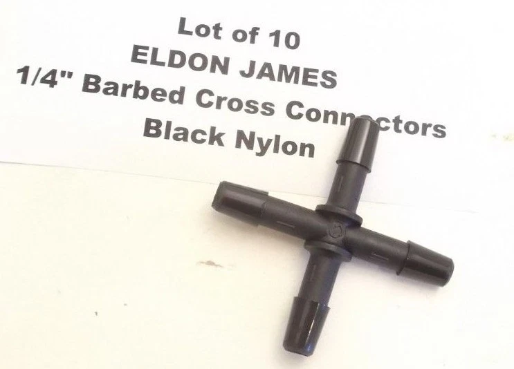 Lot of 10 ELDON JAMES 1/4" Barbed Cross Connectors - Black Nylon - (X0-4BN)  - Image 2 of 3