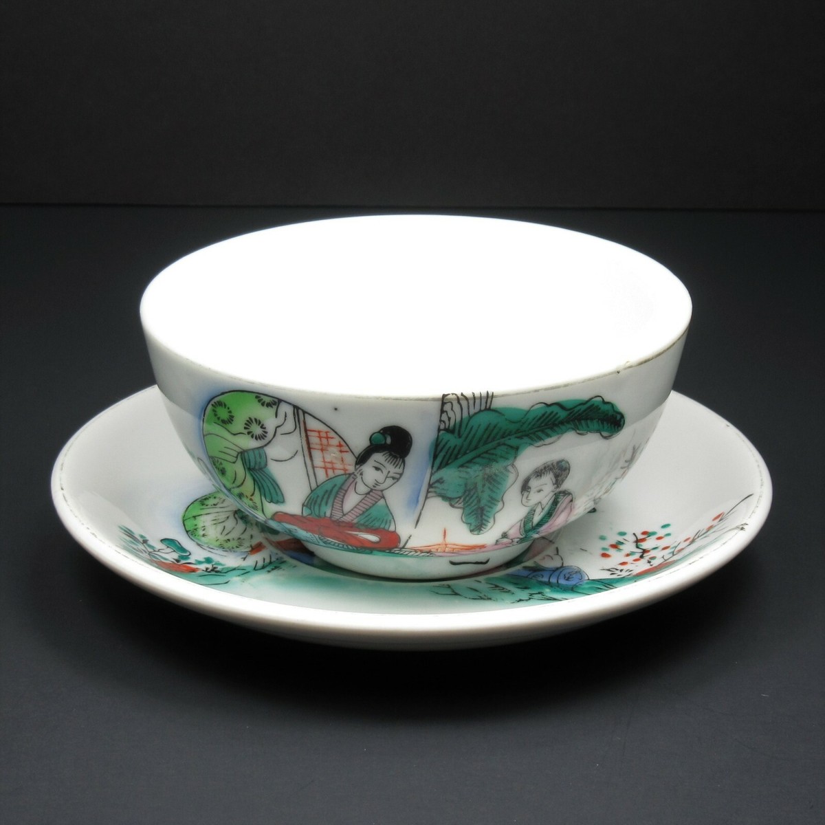 Vintage Chinese Tea Cup Bowl Saucer Set No Handle or Lid
