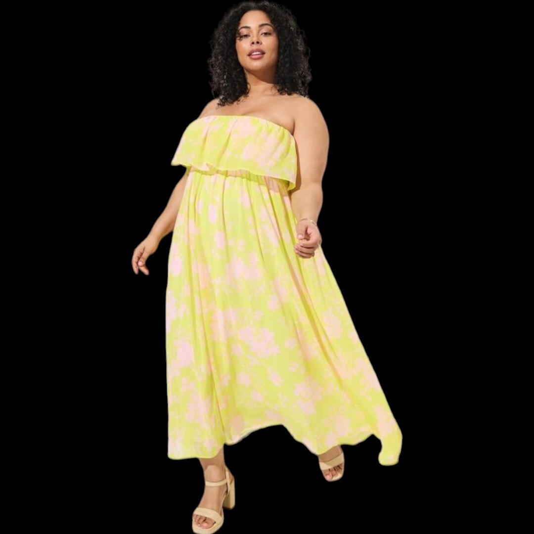 6X 30W Torrid Green Maxi Chiffon Ruffle Strapless Dress Pink