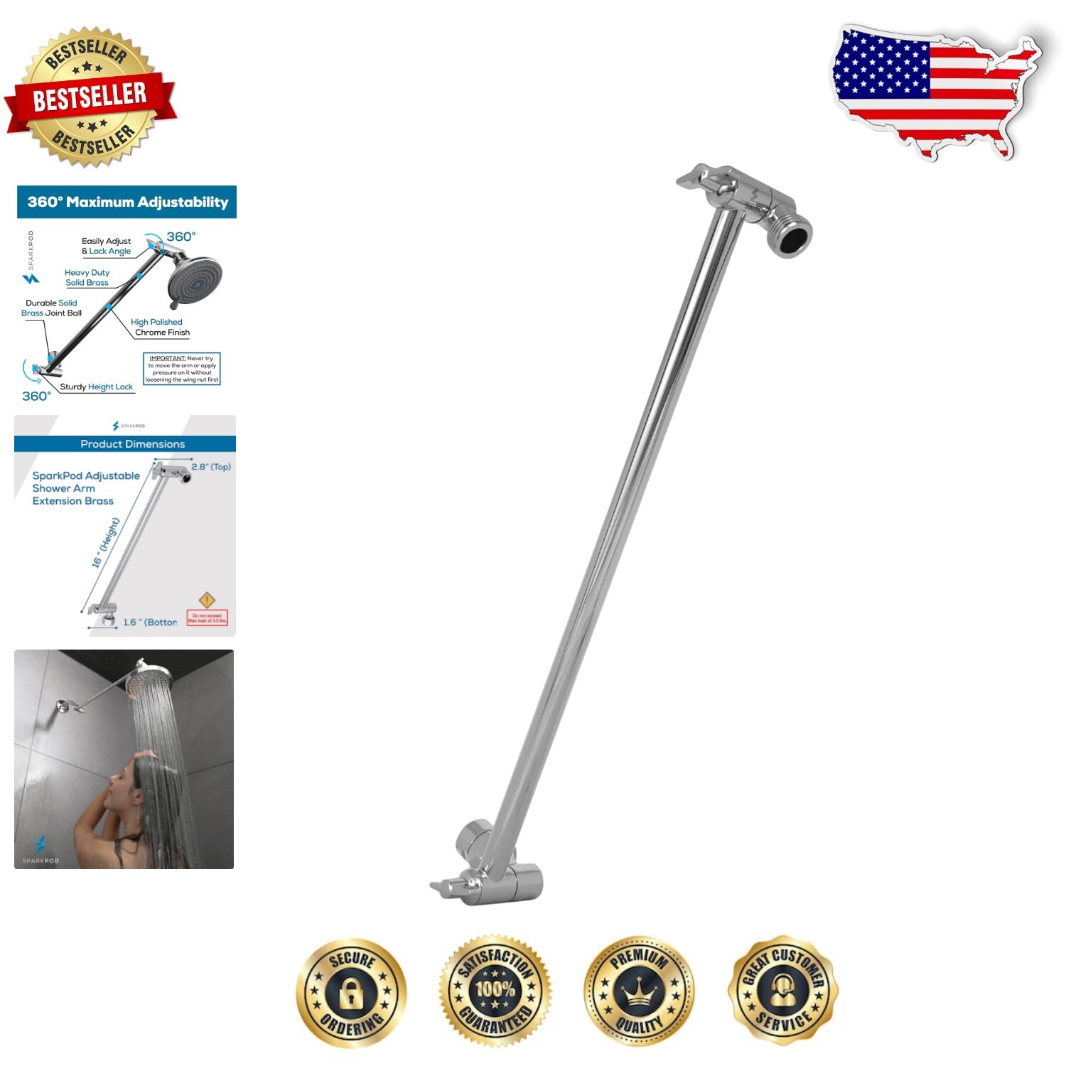 Adjustable Brass Shower Arm with Rotating Elbow for Easy Installation  