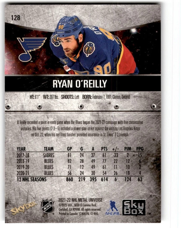 2021-22 Skybox Metal Universe Jersey Variation SP Ryan O'Reilly #128 St. Louis - Image 2 of 2