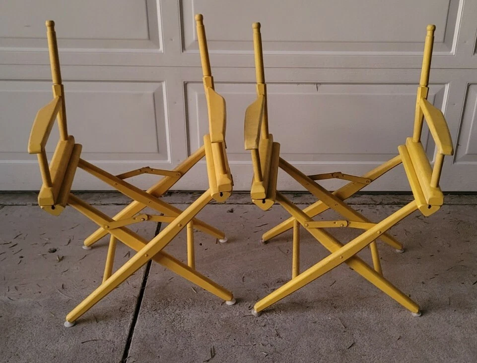 2 Vintage Telescope Folding Furniture Wood Chairs Yellow Director Lawn Chair