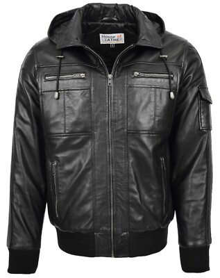 Black Bomber Grey Hoodie Black Leather Jacket Mens Detachable - Main Image