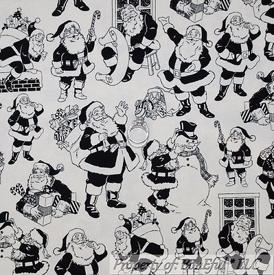 BonEful Fabric FQ Cotton Quilt White Black B&W Santa Claus VTG Toile Antique HTF