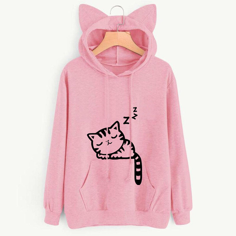 Womens Cat Ear Printed Hoodie Hooded Sweatshirt Ladies Casual Long Sleeve  Tops | eBay