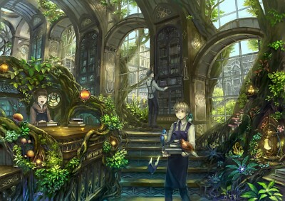 Anime library trees books birds magic girls CCG Gaming Mat Desk