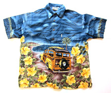 Vtg Koko Island Blue Yellow Floral Woody Wagon Car Surf Hawaiian Shirt Large