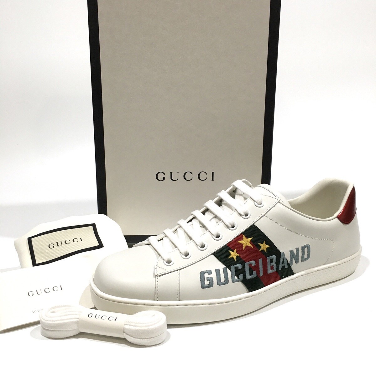 Gucci Web Ace Leather Sneakers Gucci Band Logo -White -Men's US 10