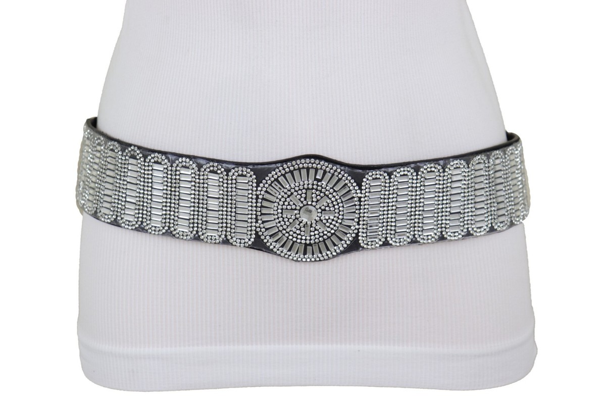 New G Lish Black Jeweled & Beaded Elastic Womens Belt with Silver/Blue Accents Rhinestone Stretch Belts main image 2