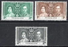 Nyasaland Protectorate Stamp Scott #51-53, Coronation Issue, Set of 3, MLH