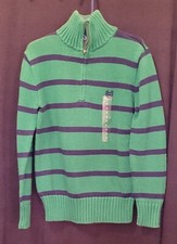 NWT BOYS CHAPS, SIZE 7, GREEN  NAVY STRIPED PULLOVER  1/4 ZIPPERED SWEATER