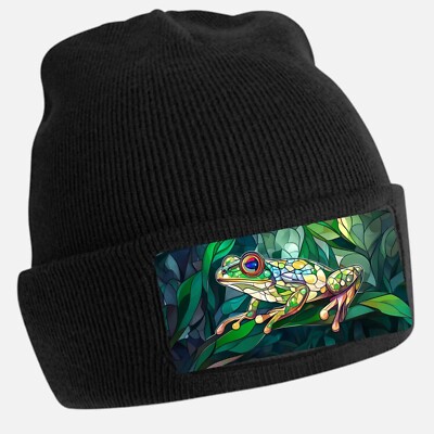 Black Cool Frog Stained Glass Print Beanie Hat - Unisex Cap Cotton