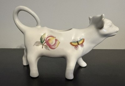 Vintage Cow Creamer With Fruit And Butterfly Embellishments Cottage Farmhouse