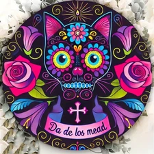 8x8" Cat Skull Aluminum Art - Day of the Dead Style