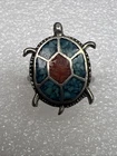 Native American Sterling Silver & Chip  Turquoise & Coral Turtle Ring - Size 6