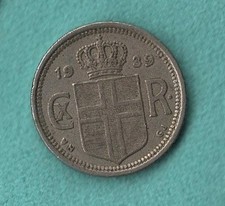 RARE - Iceland 1939 Copper-Nickel 10 Aurar. Christian