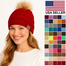 C.C Trendy Warm Chunky Soft Stretch Cable Knit Beanie Skull Cap Hat with Pom