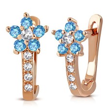 Sterling Silver Rose Gold-Tone White Blue CZ Small Girls Huggie Flower Earrings