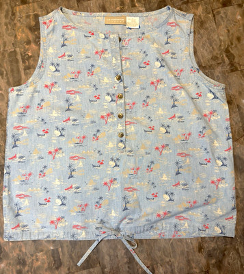 Vintage Lizwear Liz Claiborne 100% Cotton Tropical Tank Top Henley Small LWMU253