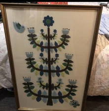 Vintage 70s Crewel Picture Paragon Blue Tulip Tree Embroidered Framed