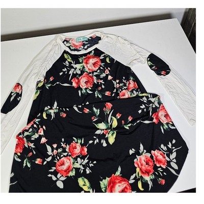 Filly Flair Womens Floral Rose Print Black White Raglan Sleeve Swing Dress XL