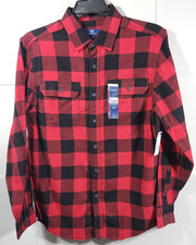 George Men's S Flannel Button Up Shirt Long Sleeve Red Black Plaid NEW