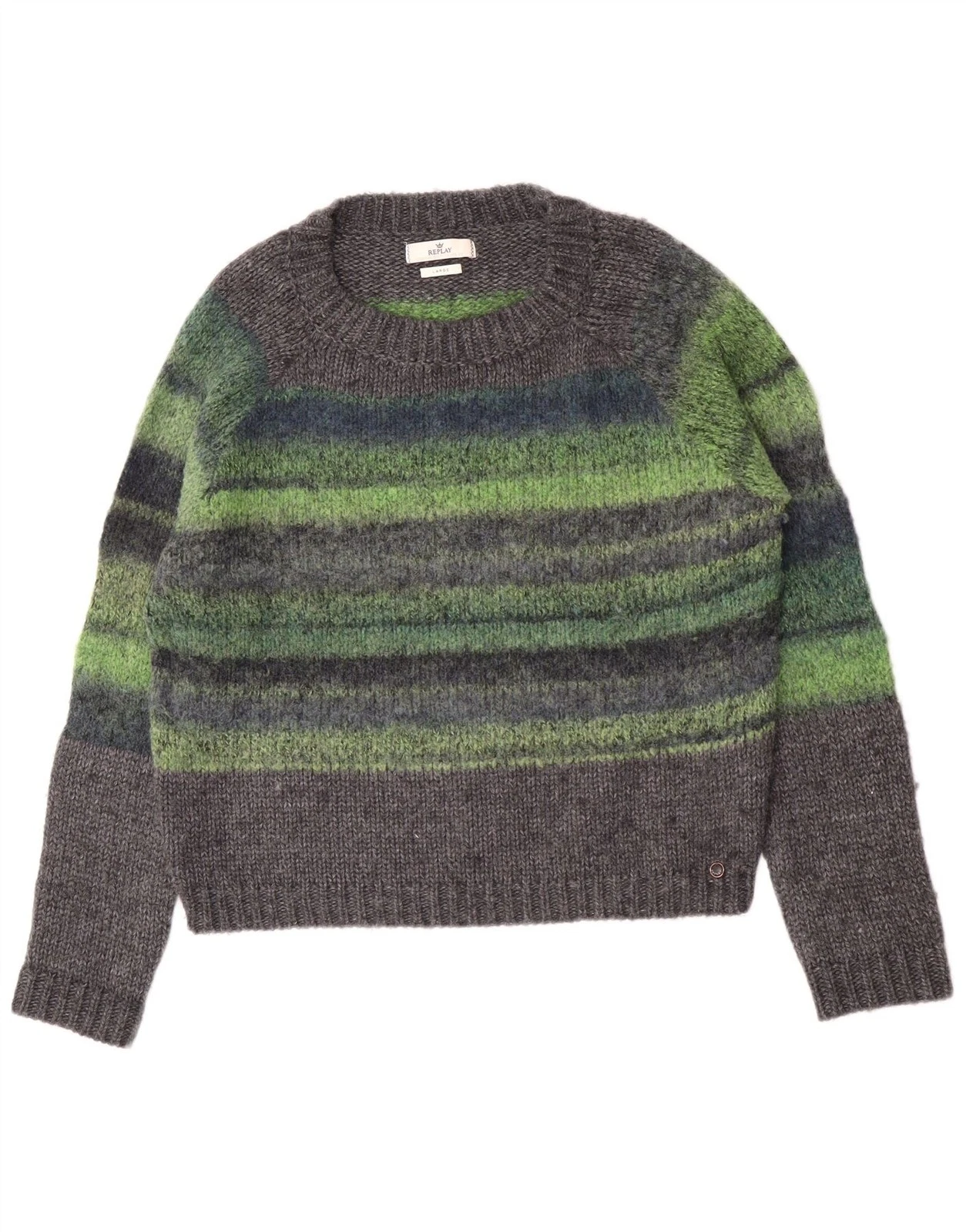 Replay Womens Crew Neck Jumper Sweater UK 16 Large Grey Striped Acrylic BP05
