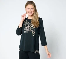 LOGO by Lori Goldstein Women's Top Plus Sz 3X Life Sleeve Crew Black A658937