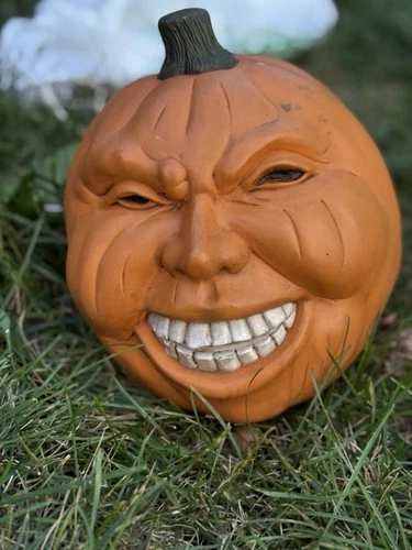 Vintage Halloween Spooky Face Ceramic Hand Painted Jack-O-Lantern With Teeth