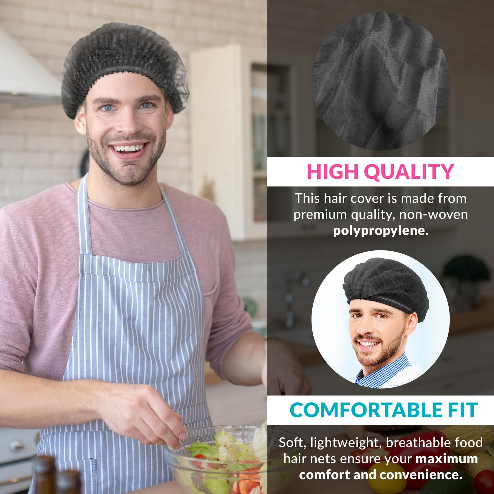 Black Disposable Polypropylene Bouffant Caps 21 Inches - Pack of 100 - Unisex...