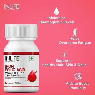 INLIFE Chelated Iron Folic Acid Supplement with Vitamin C, E, B12, Zinc 60 Tabs.