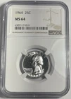 1964 WASHINGTON SILVER QUARTER GRADED NGC MS64